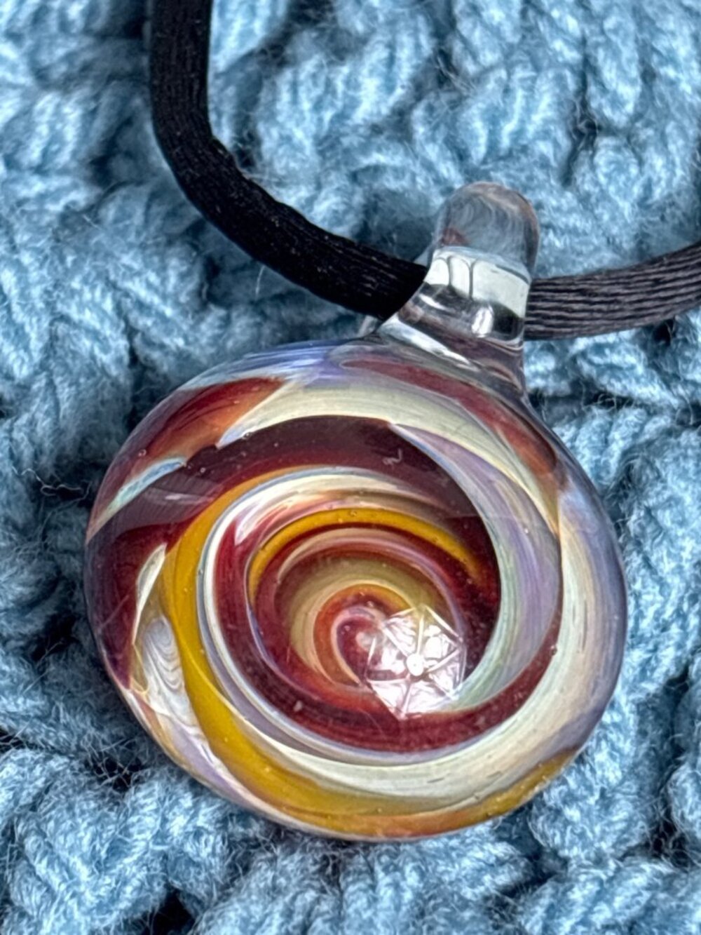 Spiral Swirl Art Glass Pendant Necklace Black Cord Spring Ring Clasp
